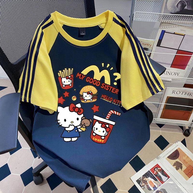 纯棉美式HelloKitty三条杠短袖t恤女夏季复古宽松凯蒂猫软妹上衣
