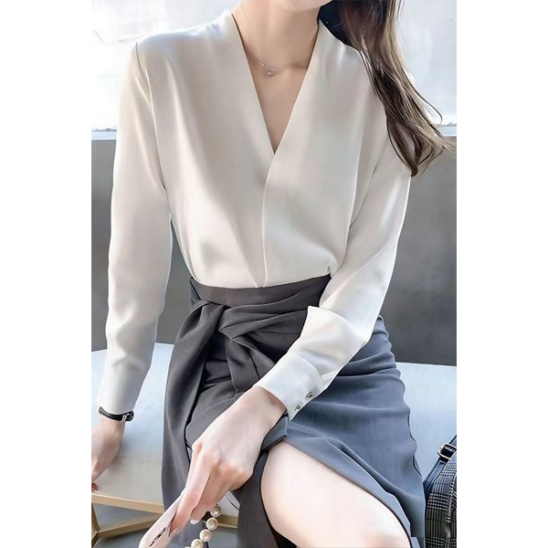 雪纺v领衬衫女2025新款轻奢减龄高级感职业上衣西装内搭白色衬衣