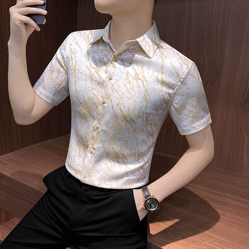 花色衬衫短袖男士2026新款夏季冰丝夏日轻薄男装半袖印花衬衣男款