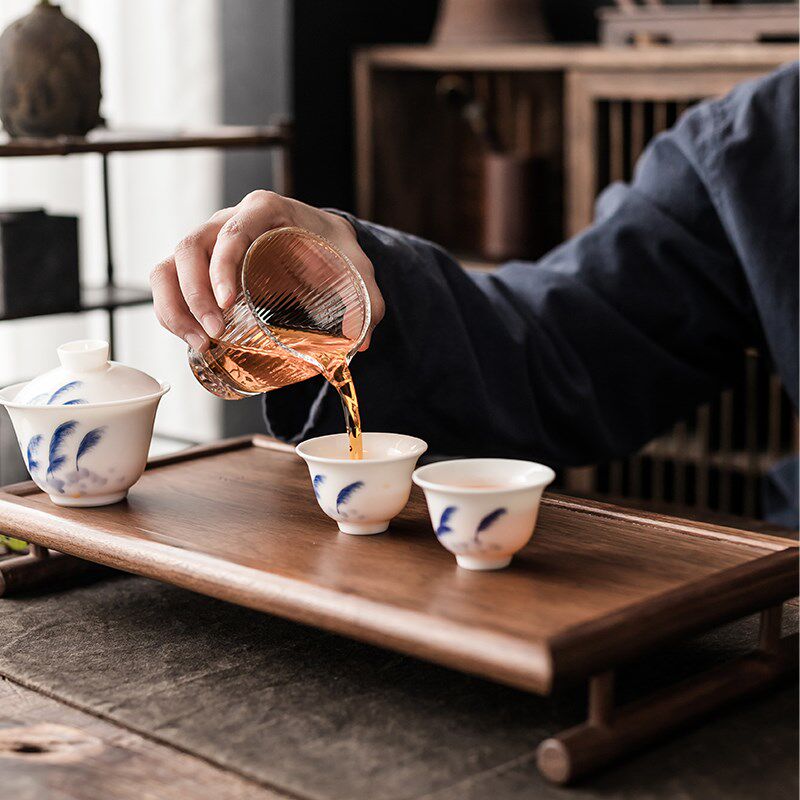 天福茗茶彼物茶具青花手绘芦苇旅行组 泡茶盖碗组1茶海2杯