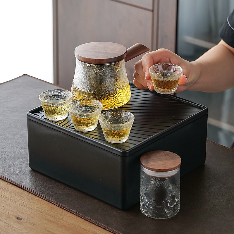 便携式泡茶玻璃旅行茶具 套装车载一壶四杯 野外露营装备茶杯耐热