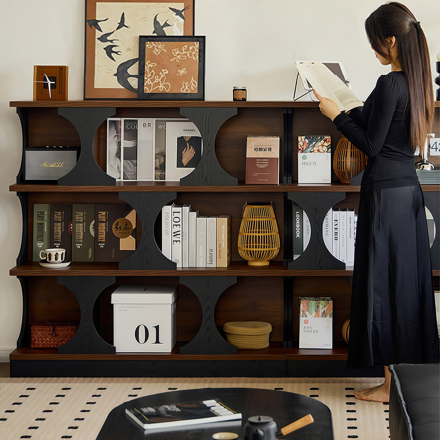 实木书柜复古胡桃木边柜拱形置物柜中古展示柜储物柜书架斗柜