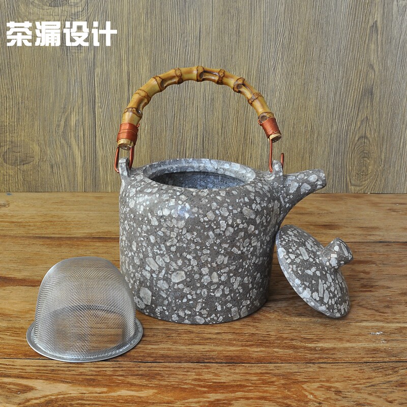 麦饭石茶壶茶道石壶全手工原石掏空带把手大容量家用茶具复古单壶
