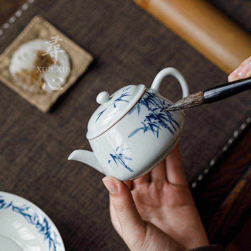寻心仿古瓷釉青花蓝竹茶壶釉彩陶泡茶壶大容量JNT-CH00下手茶工功