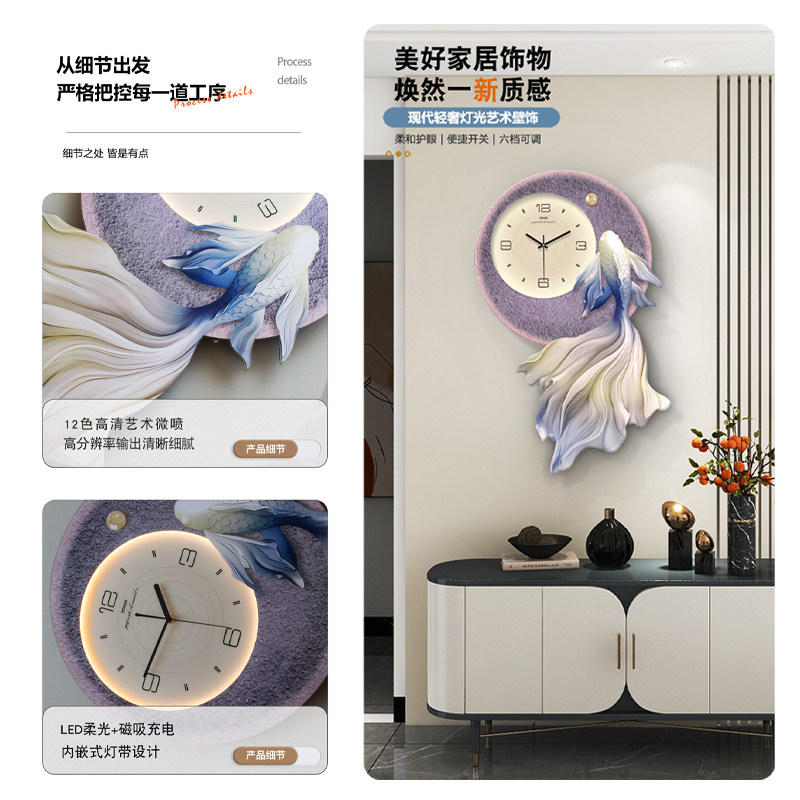 钟表挂钟客厅沙发背景墙装饰画创意大气时钟壁饰挂表餐厅挂画带灯