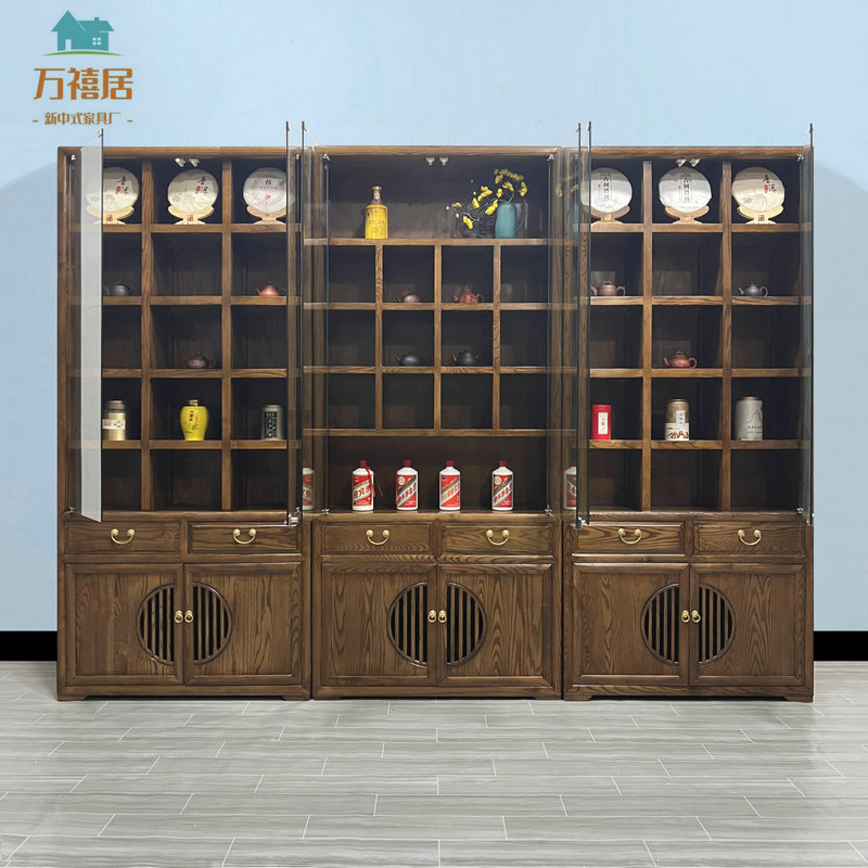新中式博古架白蜡木茶叶展示柜实木多宝阁组合客厅隔断陈列玻璃柜
