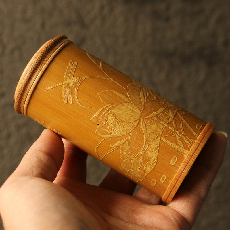 精品名家裘立钢纯手工留青雕刻荷花图老玉竹茶叶罐竹雕茶仓筒