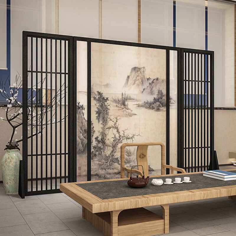 新中式定制实木屏风隔断客厅茶室办公室玄关背景墙装饰座屏山水画
