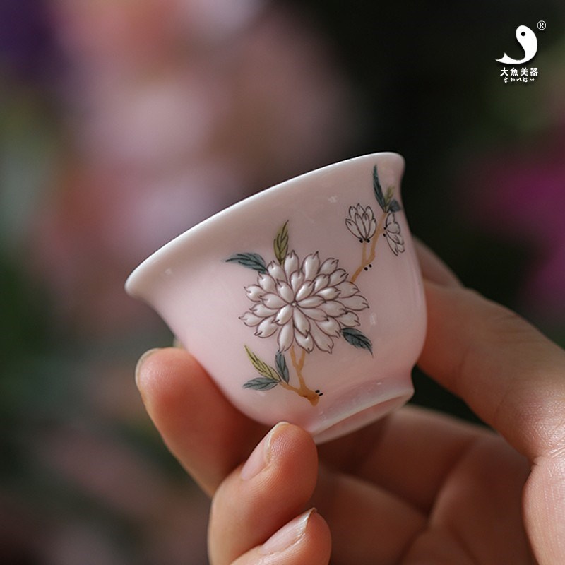 大鱼美器 樱花粉女神杯 陶瓷手工粉色茶杯手绘樱花主人杯女士杯子										