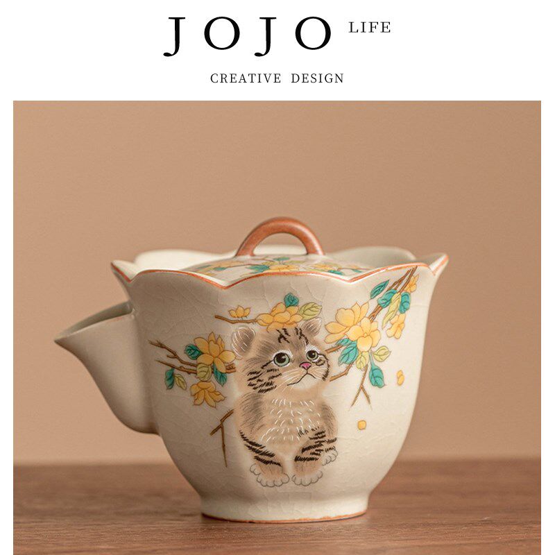JOJOS L. PD.Xiangtun.手绘黄花萌猫汝窑茶壶单壶中式壶 见义