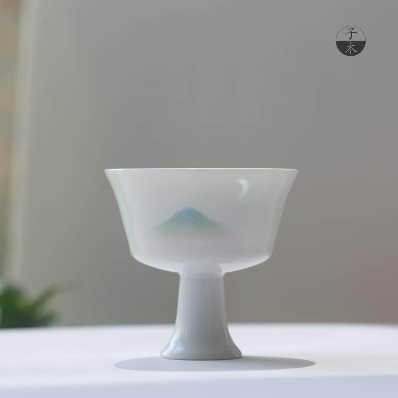 望月光品茗杯景德镇玲珑陶瓷高脚杯青绿茶杯主人杯水杯中国风礼物