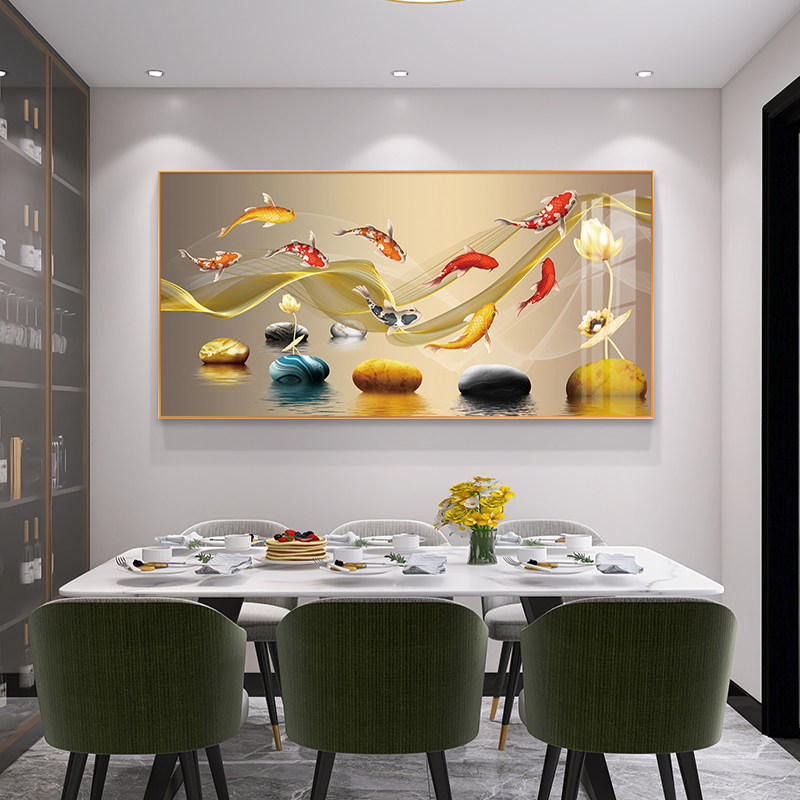 餐厅墙面装饰画歺厅客厅背景墙挂画饭厅餐桌轻奢高级感九鱼图壁画