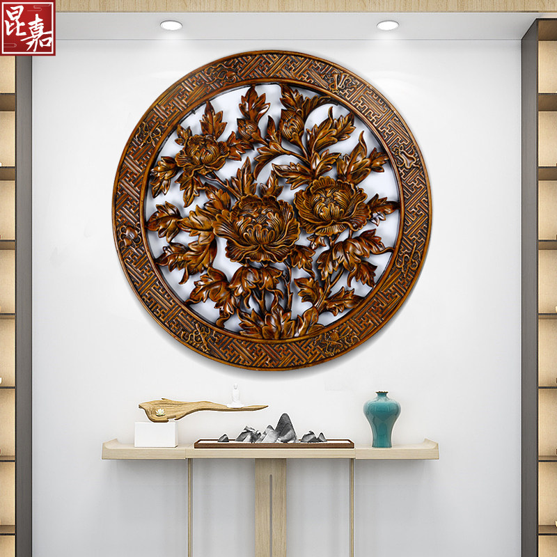 东阳木雕挂件中式仿古客厅玄关背景墙手工雕刻装饰画实木雕刻牡丹