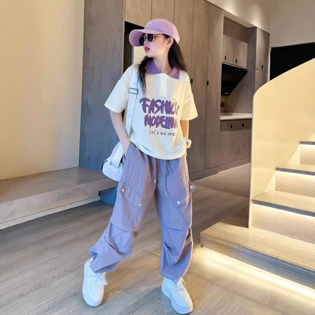 女童夏装工装运动套装新款中大童拼色翻领POLO衫哈伦裤两件套
