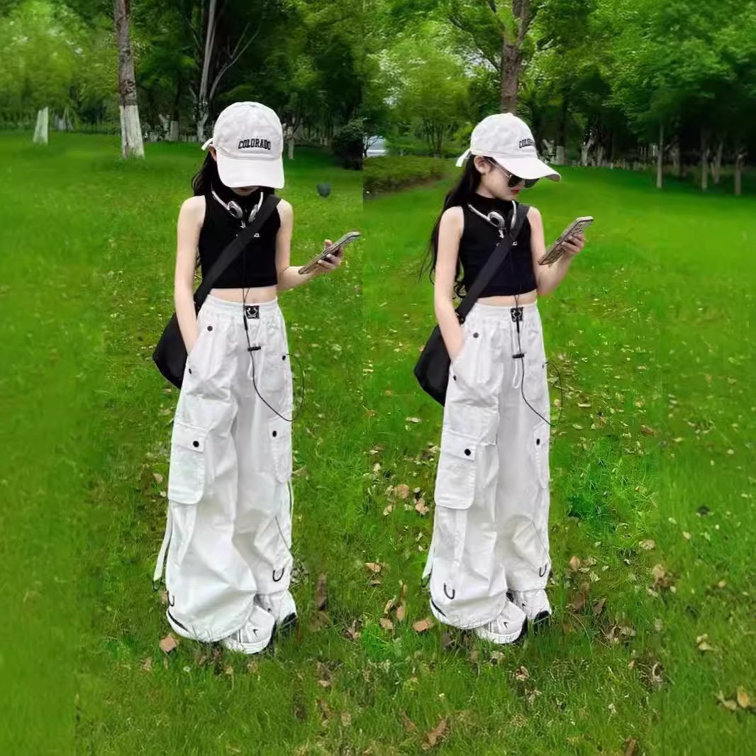 女童白色工装裤夏季薄款美式裤子高腰爵士舞休闲运动新款洋气