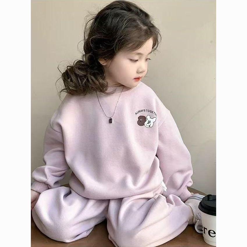 女童春秋新款粉色卫衣套装两件套休闲洋气印花儿童运动服