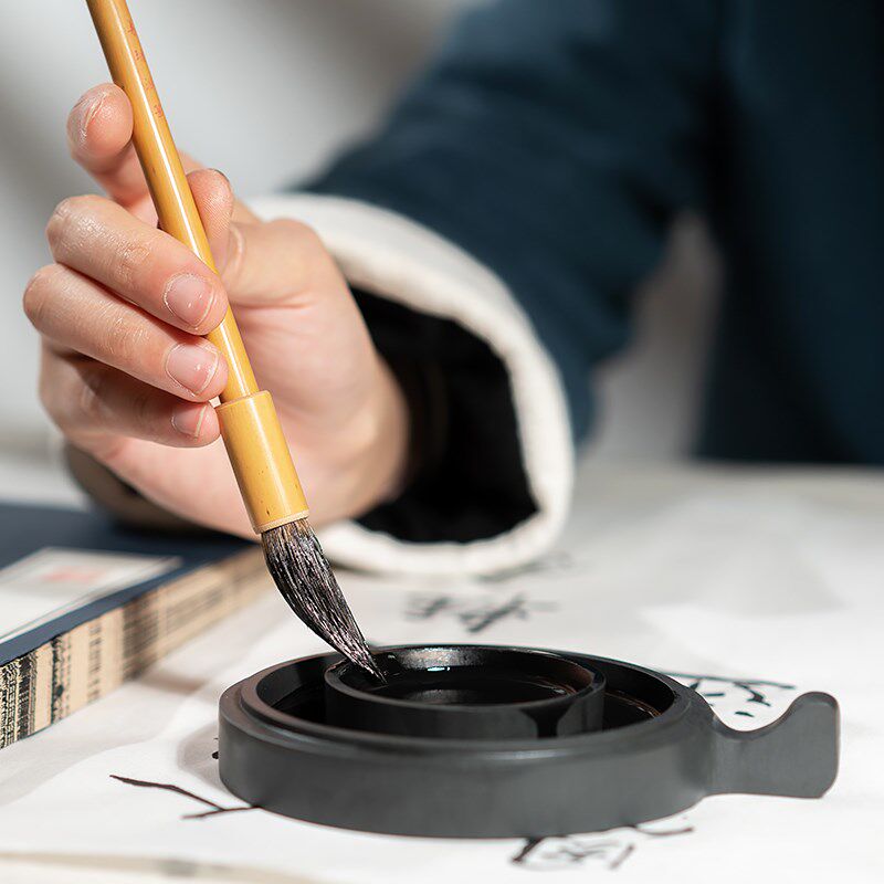 湖颖 火锅砚 砚台初学者便携毛笔笔搁天然原石防干专用小楷书法墨