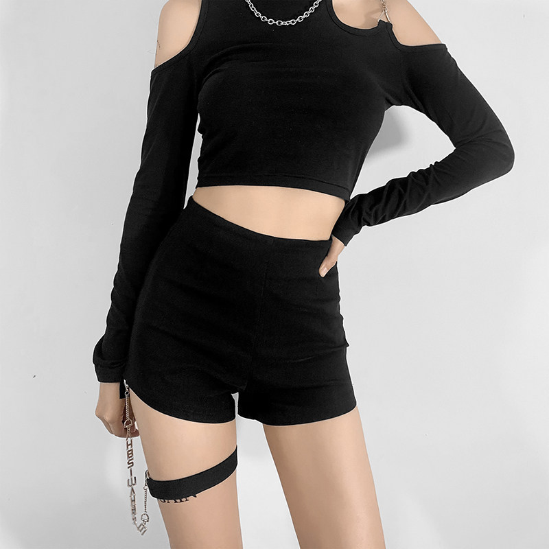 #Sisjuly#新品土酷女孩设计感链条腿环高腰短裤女 百搭修身休闲裤