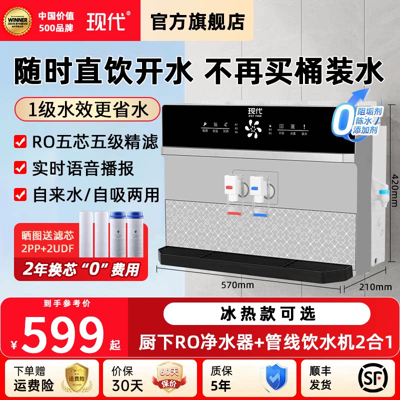 现代净水器直饮加热一体机家用井水RO反渗透过滤净化器冰热饮水机