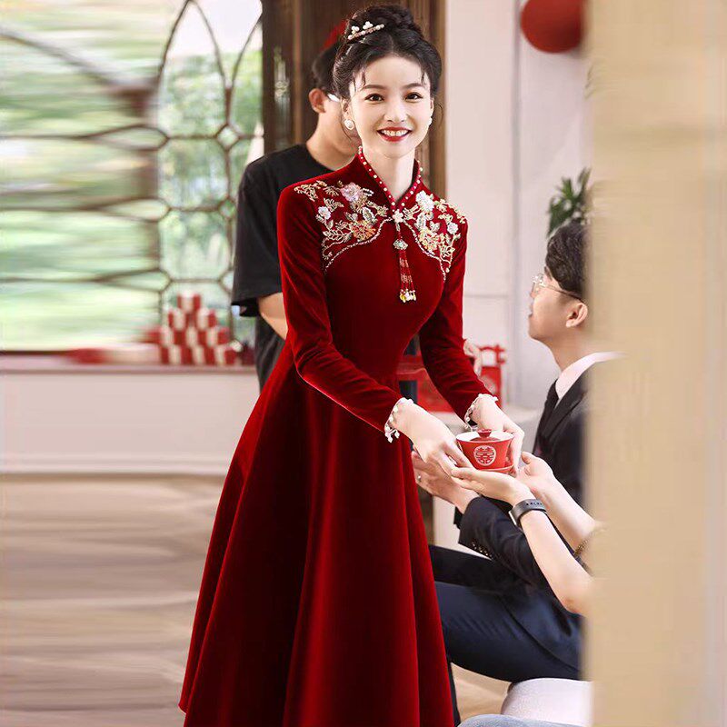 大码胖mm孕妇新中式订婚服改良旗袍敬酒服新娘高腰遮肚子结婚礼服