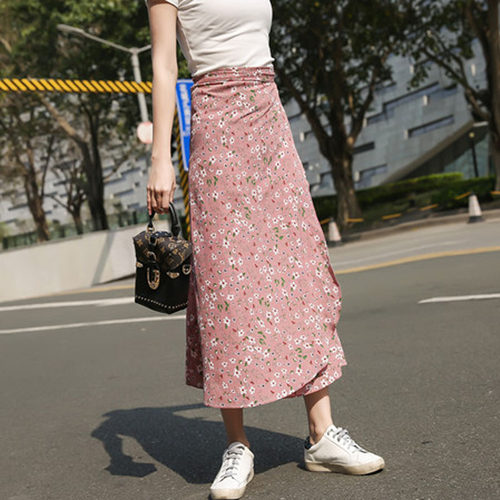 一片式雪纺半身裙女夏季2021新款高腰系带碎花长裙子度假开叉裹裙