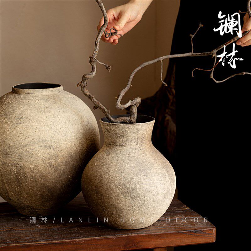 新中式台面陶瓷花瓶景德镇侘寂风粗陶罐子复古土陶粗糙感花盆灼器