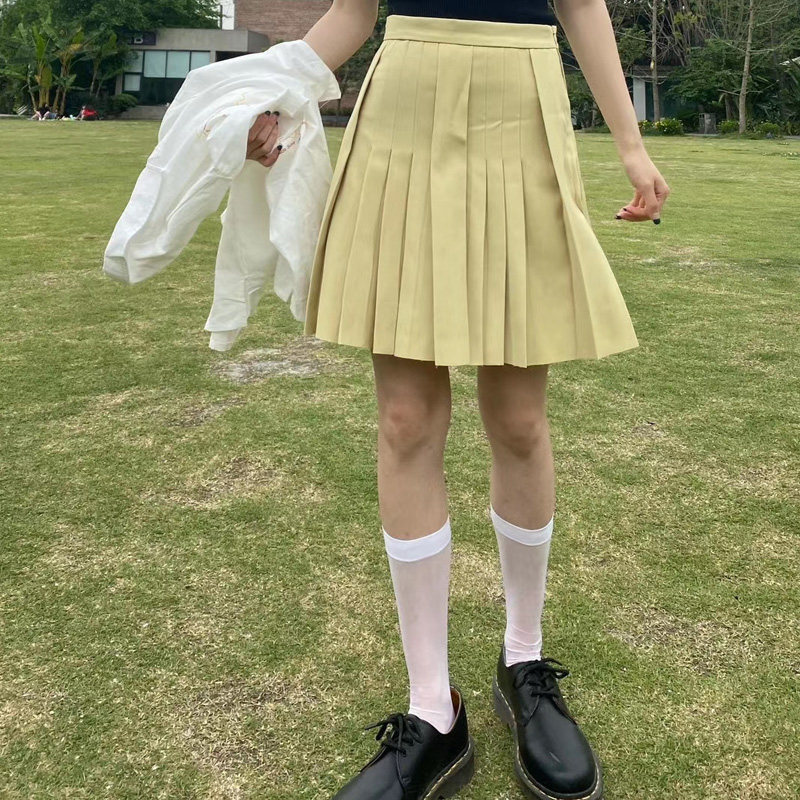 百思朵夏淡黄色半身裙高腰显瘦安全裤防走光小短裙奶油黄百褶裙子