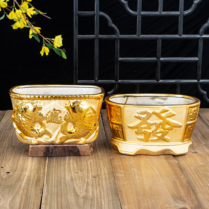 土豪金金色陶瓷花盆客厅办公鲜花干花发财树花盆