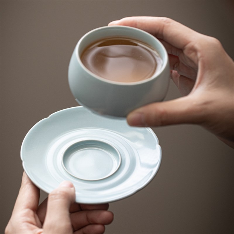 汝山明茶叙杯李可明汝州汝窑瓷天青釉托圆口茶盏一杯一碟高档礼品