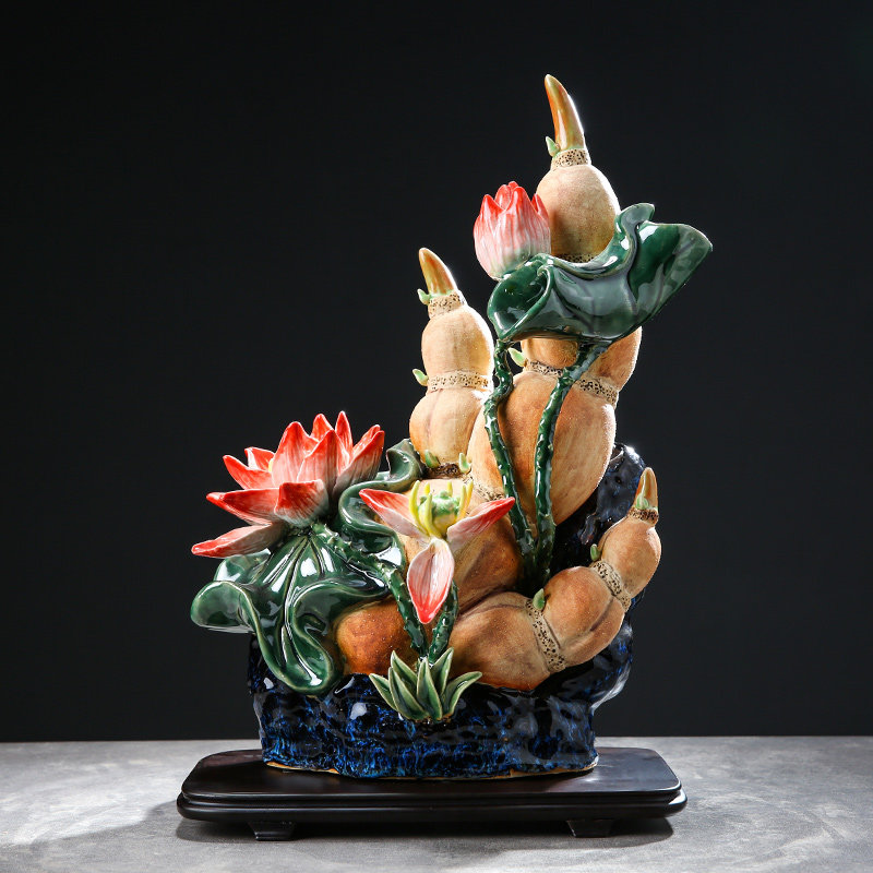 石湾陶瓷公仔招财客厅摆件家居玄关电视柜莲藕装饰品《节节高升》