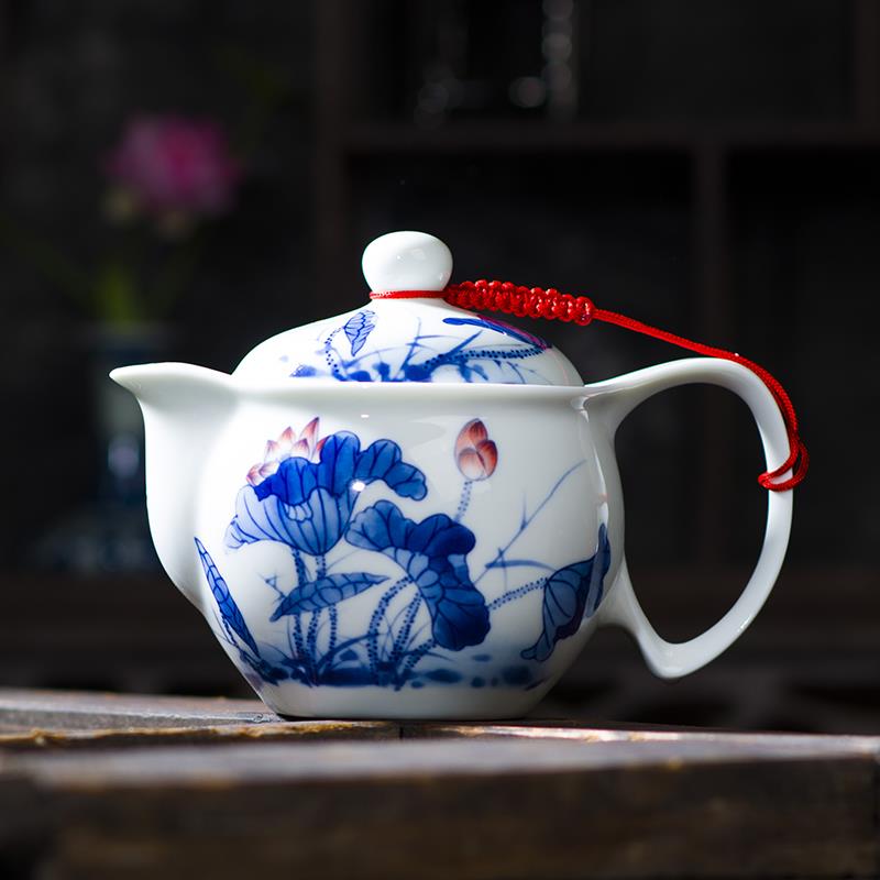 陶瓷茶壶单壶青花瓷中号釉下彩球孔过滤中式景德镇带不锈钢过滤网