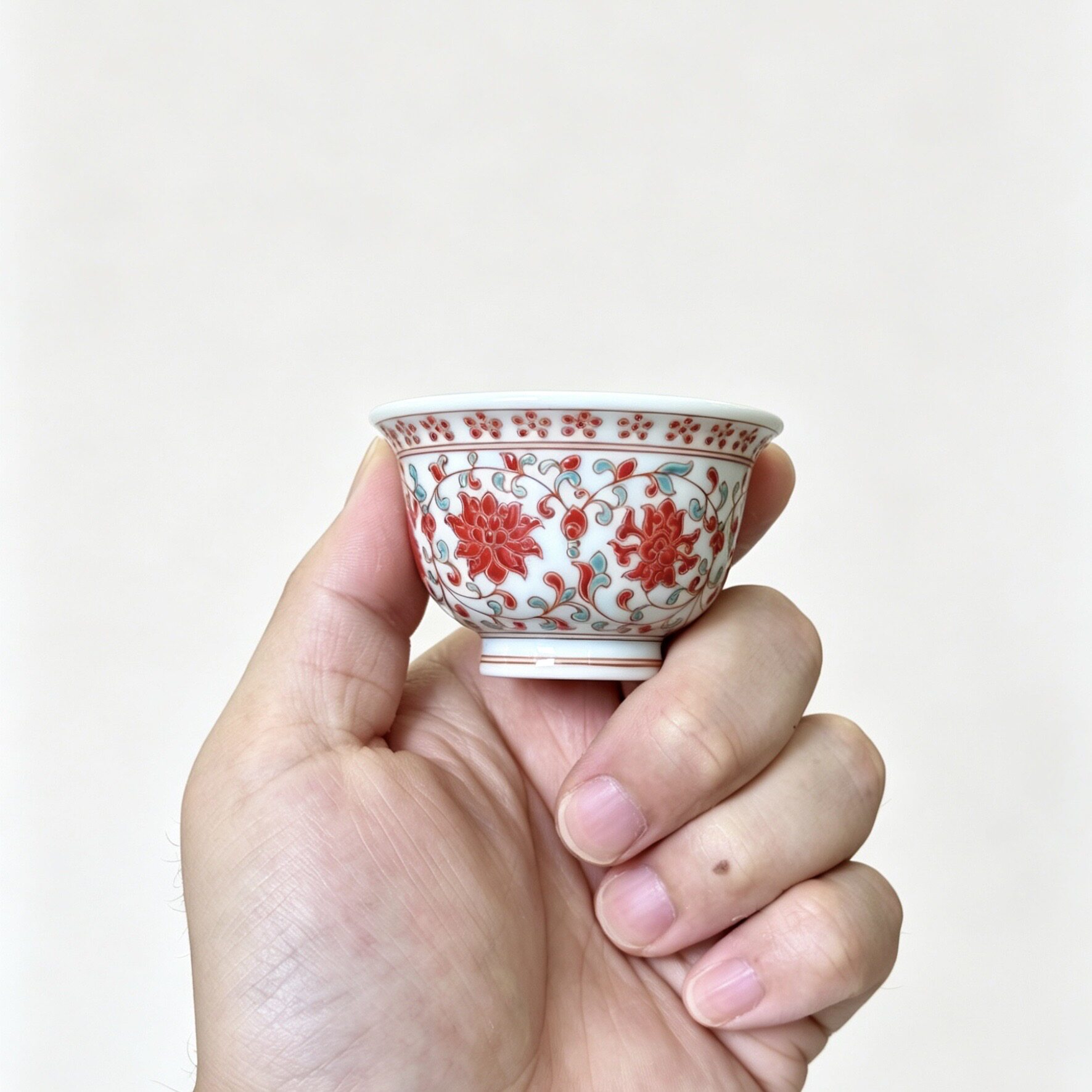 红绿彩手绘缠枝莲陶瓷小压手杯茶具景德镇泡茶茶杯工夫茶杯主人杯