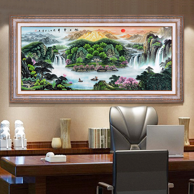 旭日东升山水画客厅沙发背景墙挂画背有靠山招财办公室风景油画