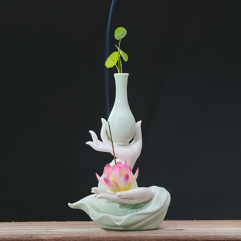 创意陶瓷水培花器禅意佛手莲心家用线香熏炉莲花香插家居装饰摆件