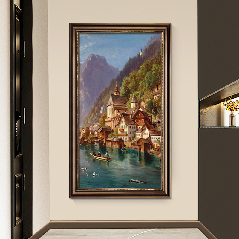 美式入户正对门挂画玄关装饰画欧式走廊过道风景油画大气客厅壁画