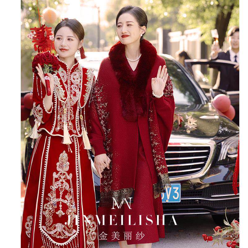 婚妈妈礼服袖肩酒披红色JMLS23LF冬季加毛加厚保暖长中式斗篷披宴