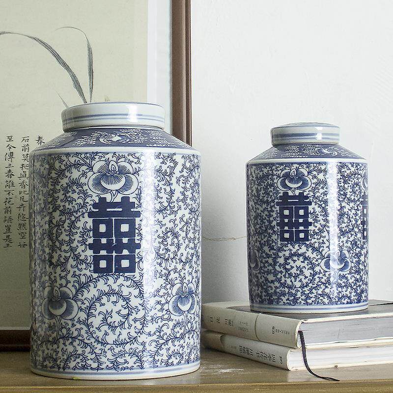 景德镇喜字陶瓷罐带盖子花瓶中式复古装饰品客厅博古架收纳罐摆件