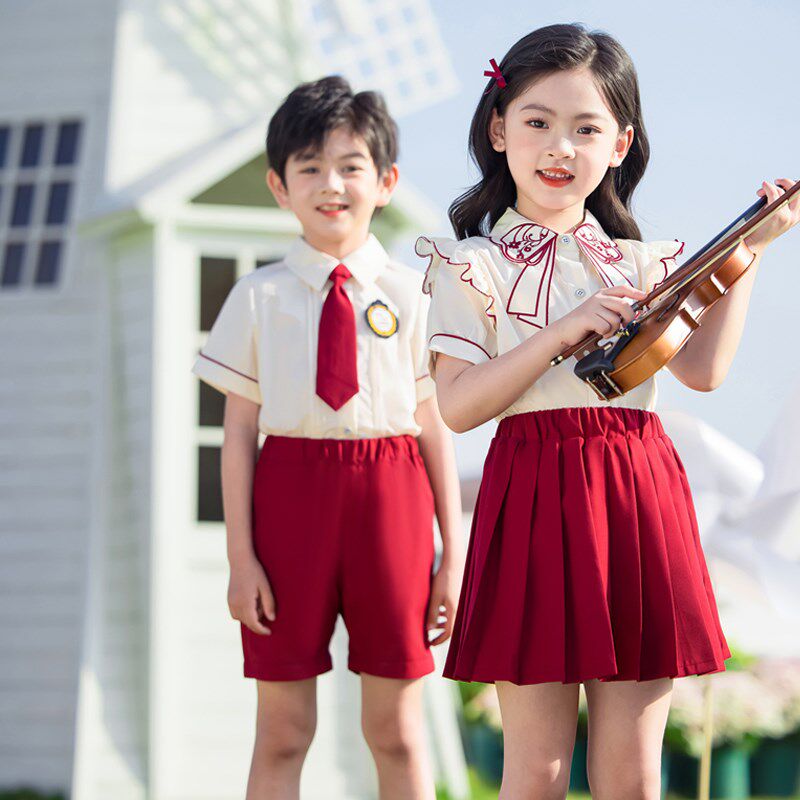 六一红色舞蹈演出校服女童百褶裙甜美合唱套装一年级男生衬衫班服