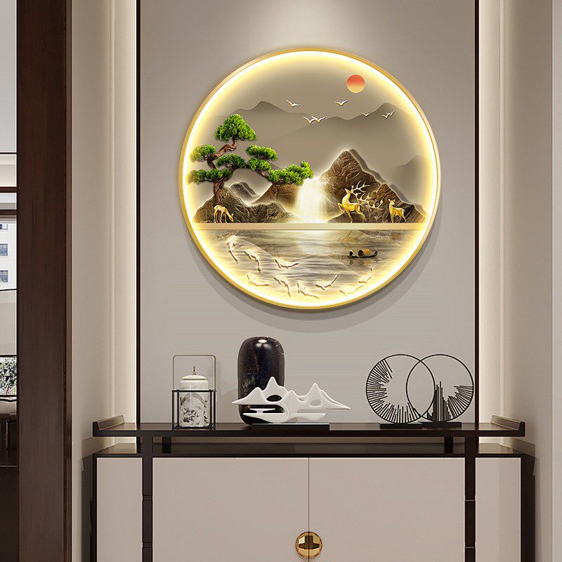 新中式圆形玄关装饰画入户正对门走廊挂画流水生财山水带灯九鱼图