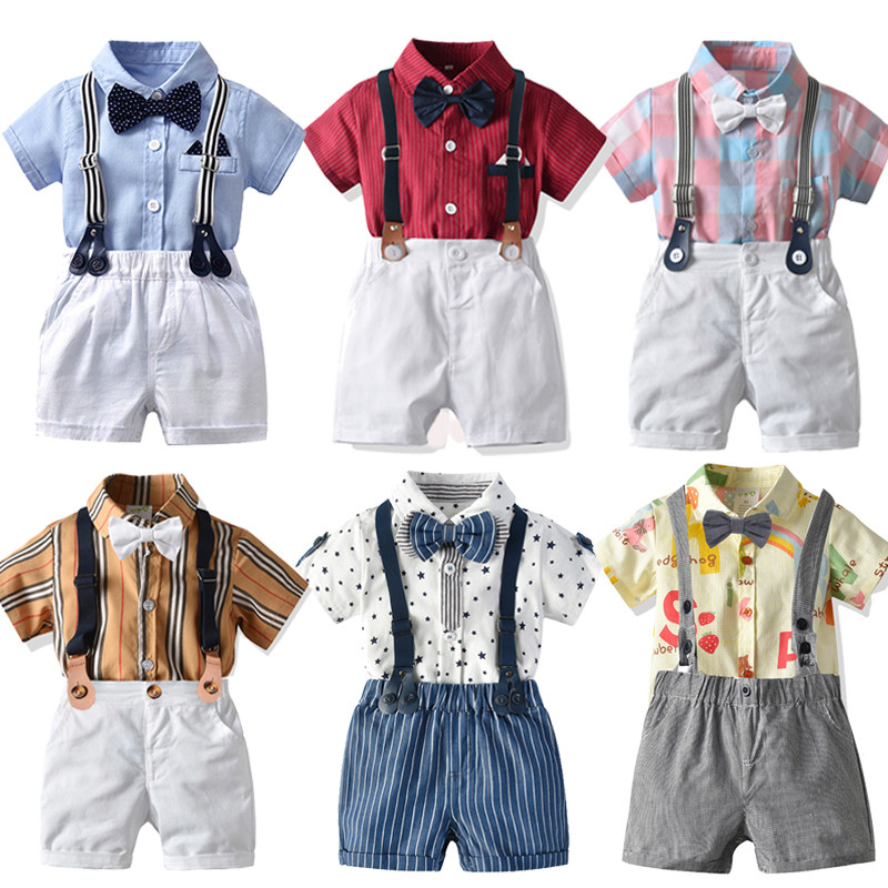 2021夏季新款男童装套装男宝宝婚礼服花童领结短袖衬衫条纹背带裤