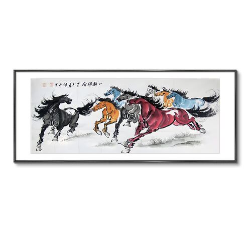 八骏图客厅挂画手绘办公室装饰画马到成功高档大气沙发背景墙壁画