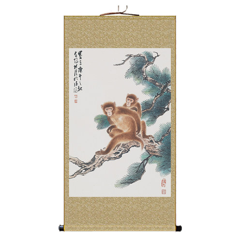 群猴祝寿齐天大圣卷轴画猴子爬树丝绸画双猴戏图装饰画挂画已装裱