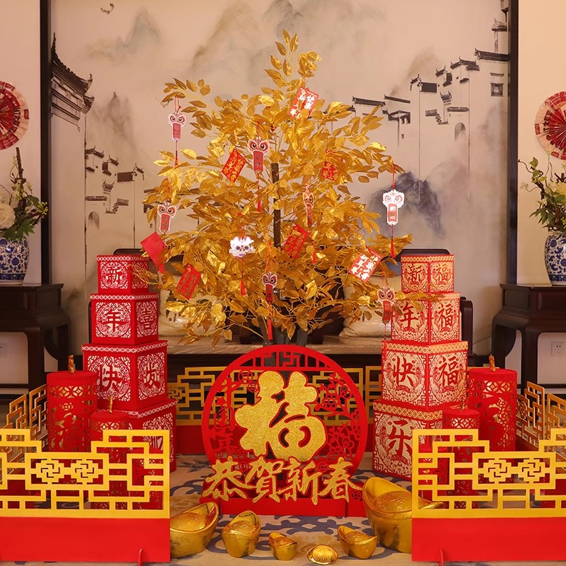 春节装饰商场酒店场景新年布置过年美陈氛围发财金色树摆件套餐