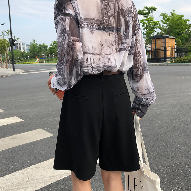 2021新款夏季高腰五分短裤女直筒宽松休闲西装裤垂感黑色阔腿裤子