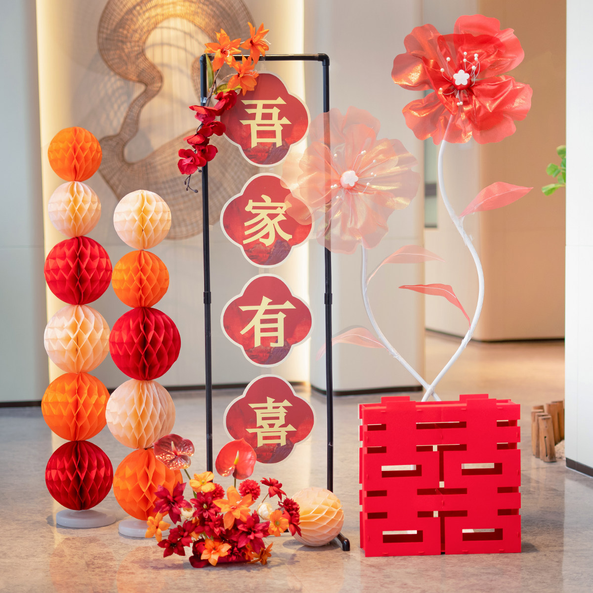 结婚纱花立柱组合 高级感婚礼路引 婚房幻彩玉叶装饰现场布置道具