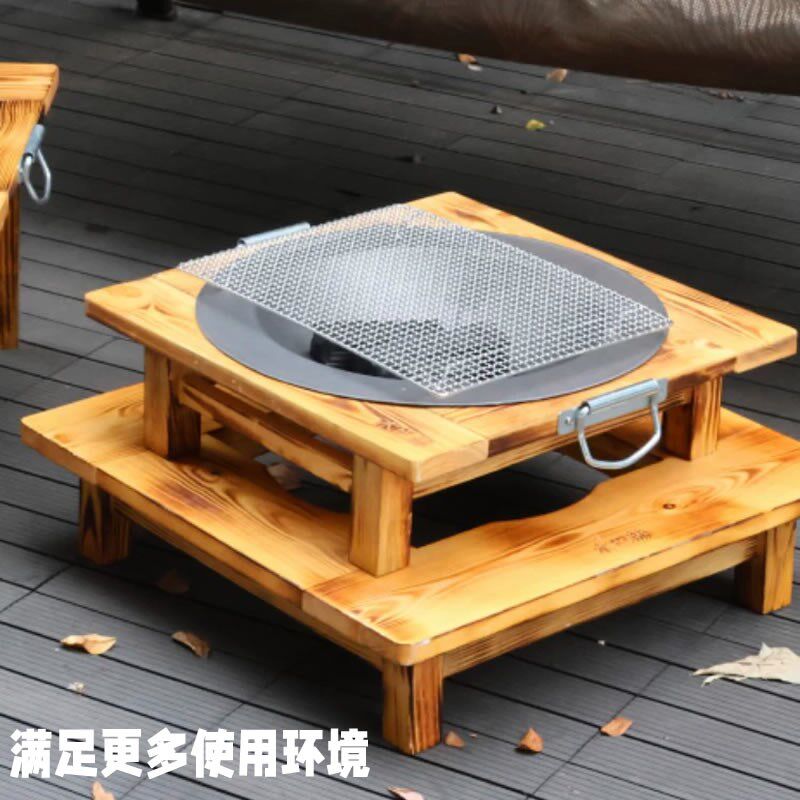 围炉煮茶桌实木架子木炭烤火盆家用室内外冬季取暖铸铁老式烧烤炉