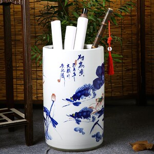 景德镇陶瓷器手绘青花瓷书画缸卷轴缸书画筒中式帽筒伞缸和为贵