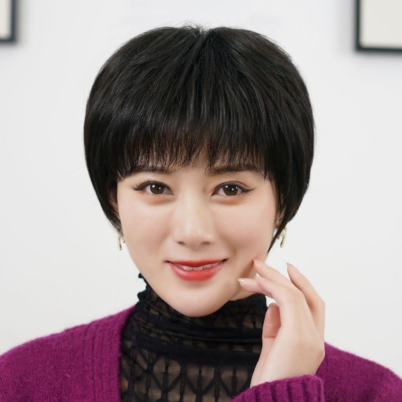 假发全头套女轻薄透气自然真发全真人发光头黑色短发整顶薄款发套