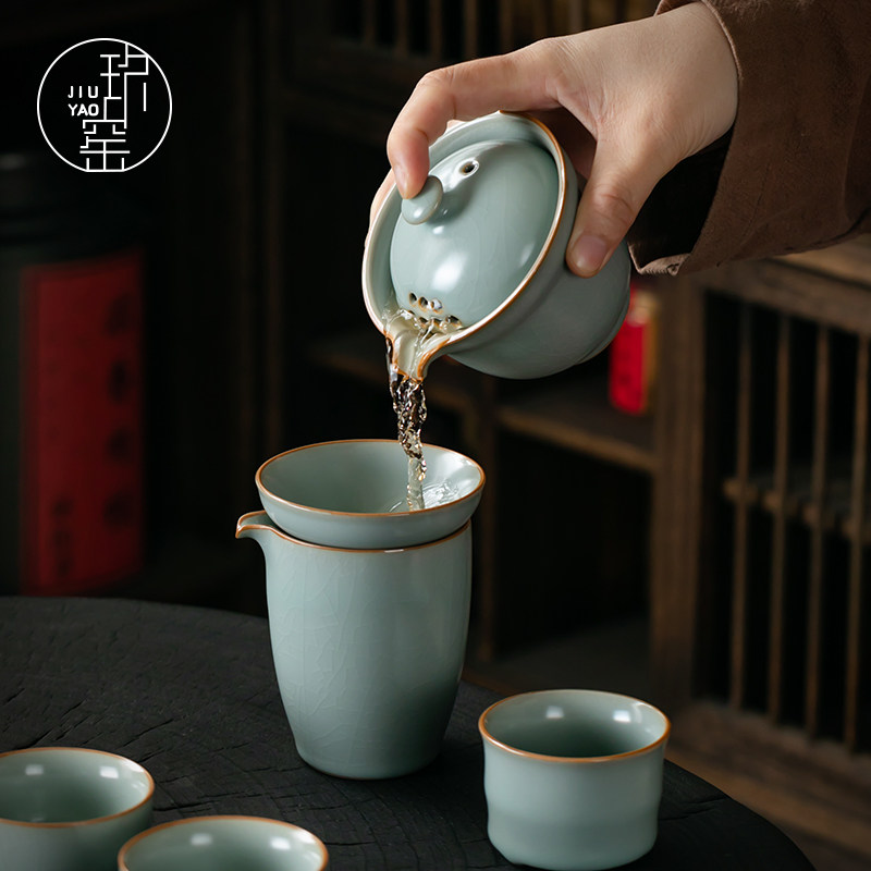 天青汝窑盖碗茶杯家用高档单个泡茶器防烫手抓壶开片可养功夫茶具