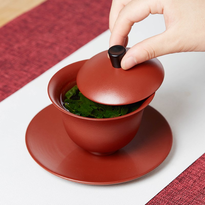 宜兴紫砂三才杯盖碗单个茶碗带盖泡茶杯大号防烫日式复古陶瓷茶具